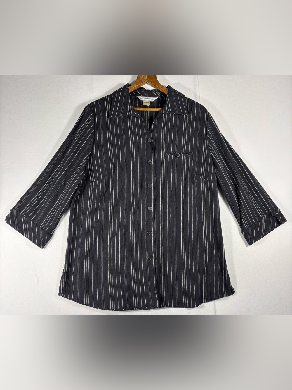 Allison Daley Women’s 14 Black Pinstripe Button-Front Blouse with 3/4 Sleeves